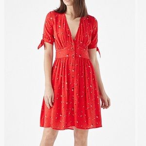 Red Floral Tie-Sleeve Button-Front V-Neck Dress